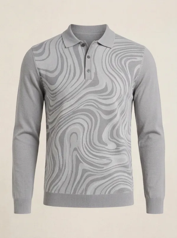 Men's Abstract Marble Pattern Printed Long Sleeve Polo Shirt Everyday Design