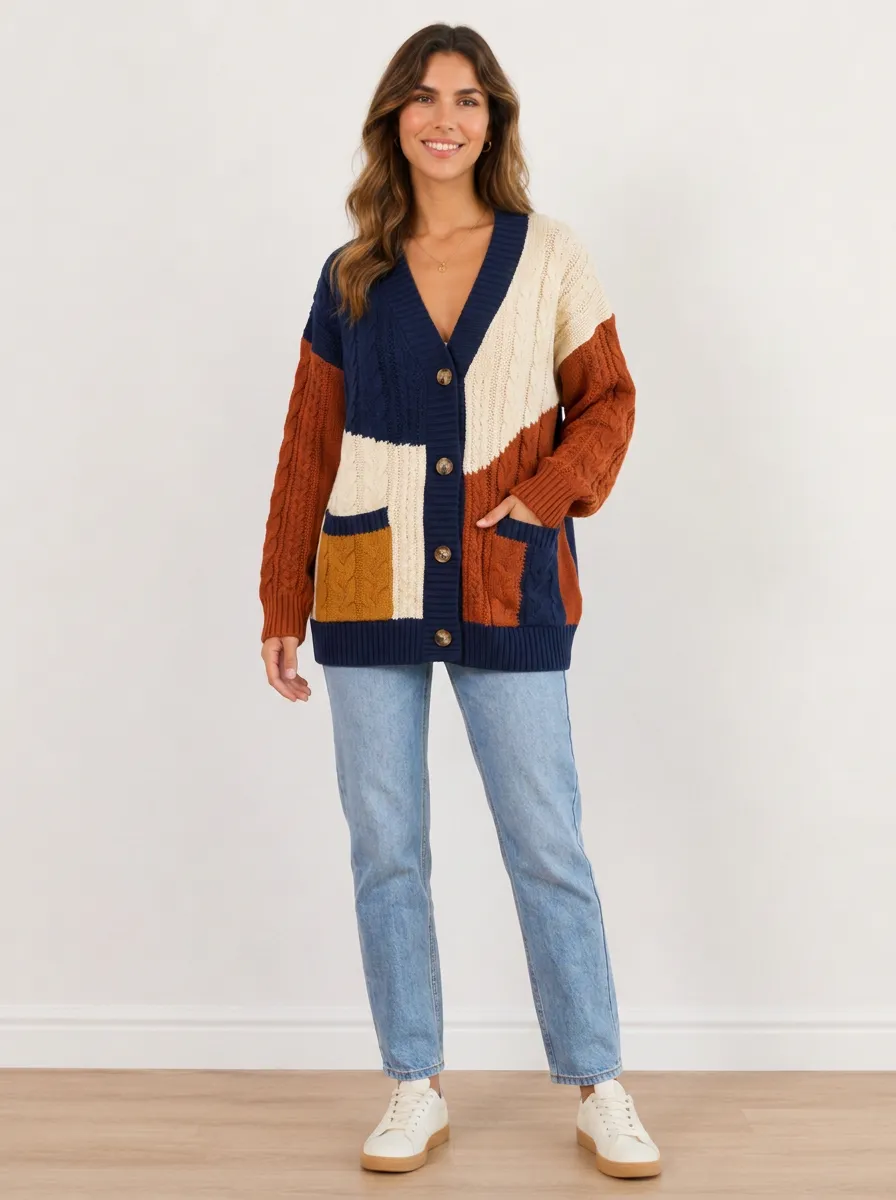Women's Colorblock Cable Knit Cardigan Relaxed-Fit