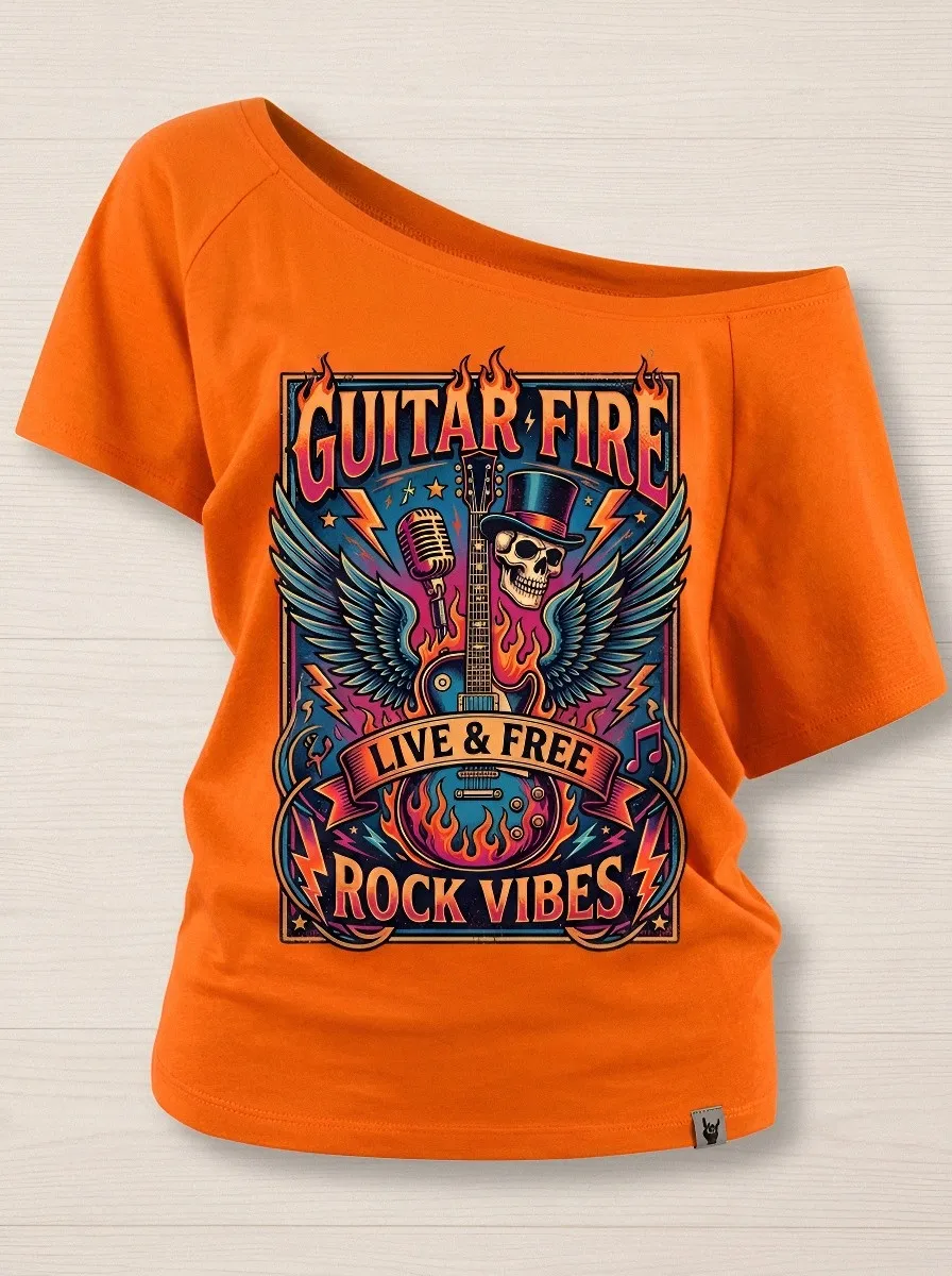 Women's Rock Music Lover Skull Guitar Fire Printed T-shirt