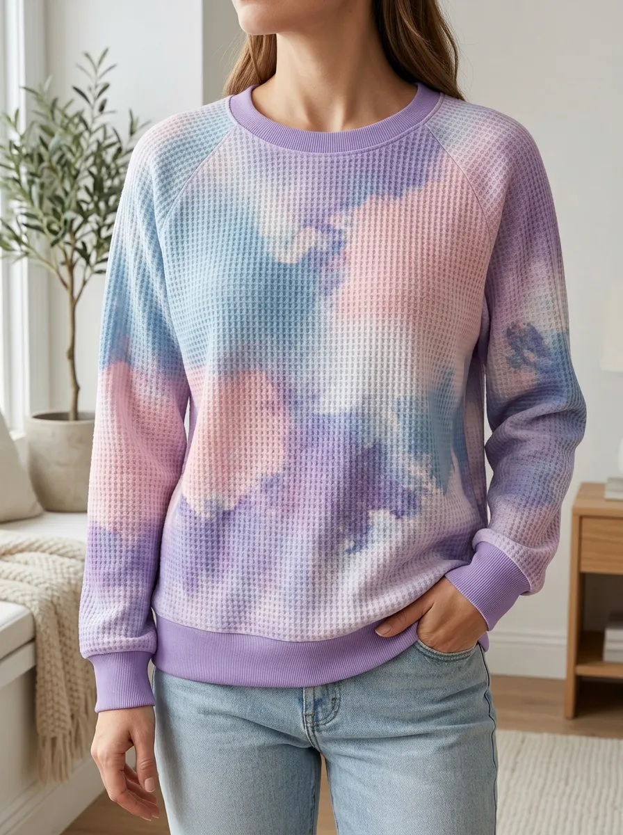 Women's Tie Dye Pastel Patterned Waffle Knit Crewneck Sweatshirt