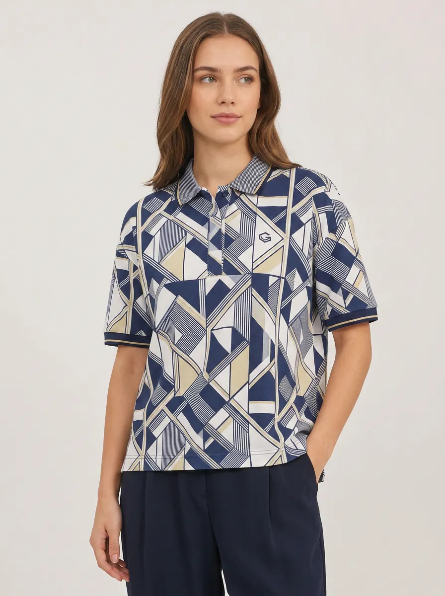 Women's Geometric Pattern Navy Beige Printed Polo Shirt
