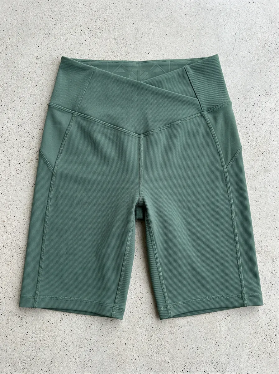 Women's Yoga Fitness Sage Green Ribbed Crisscross Biker Shorts