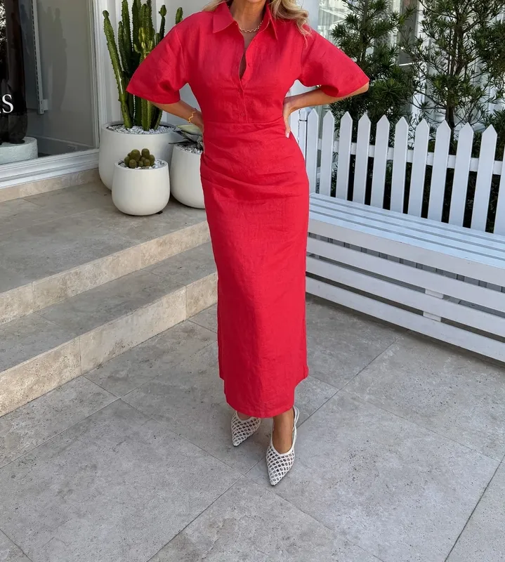 Red Ruched Midi Dress