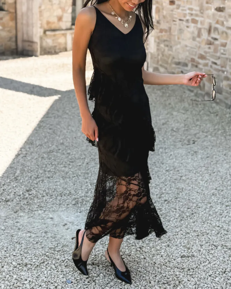 Ruffled Lace Trim Maxi Dress