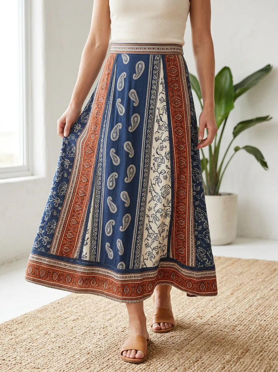 Women's Paisley Print Paneled Midi Skirt