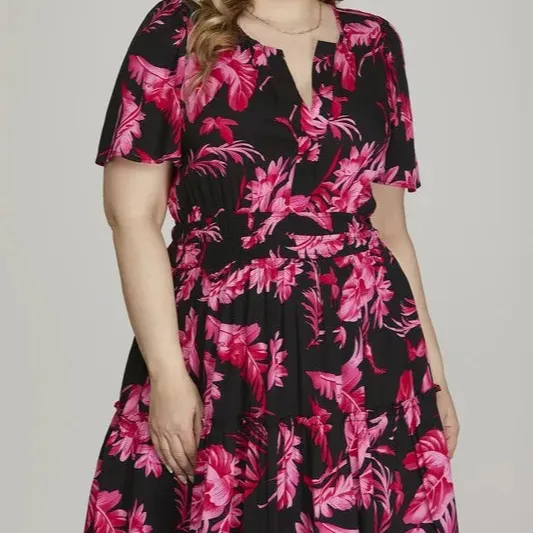 Printed Notched Short Sleeve Frill Tiered Dress