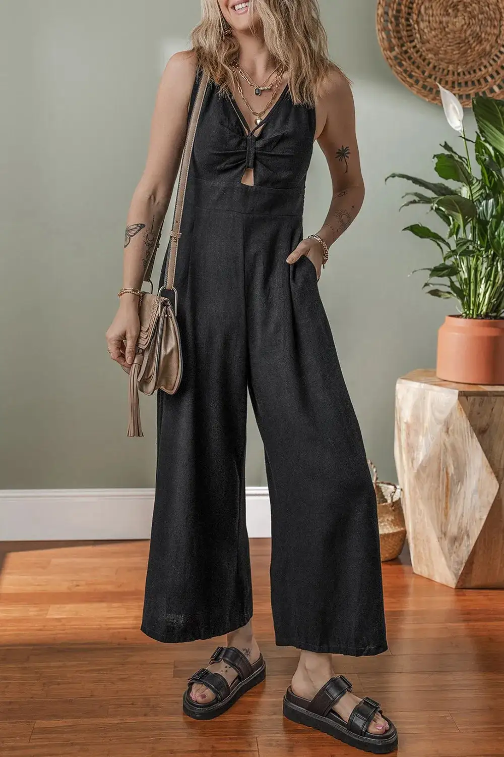 Front Panel Detail Smocked Back Sleeveless Jumpsuit