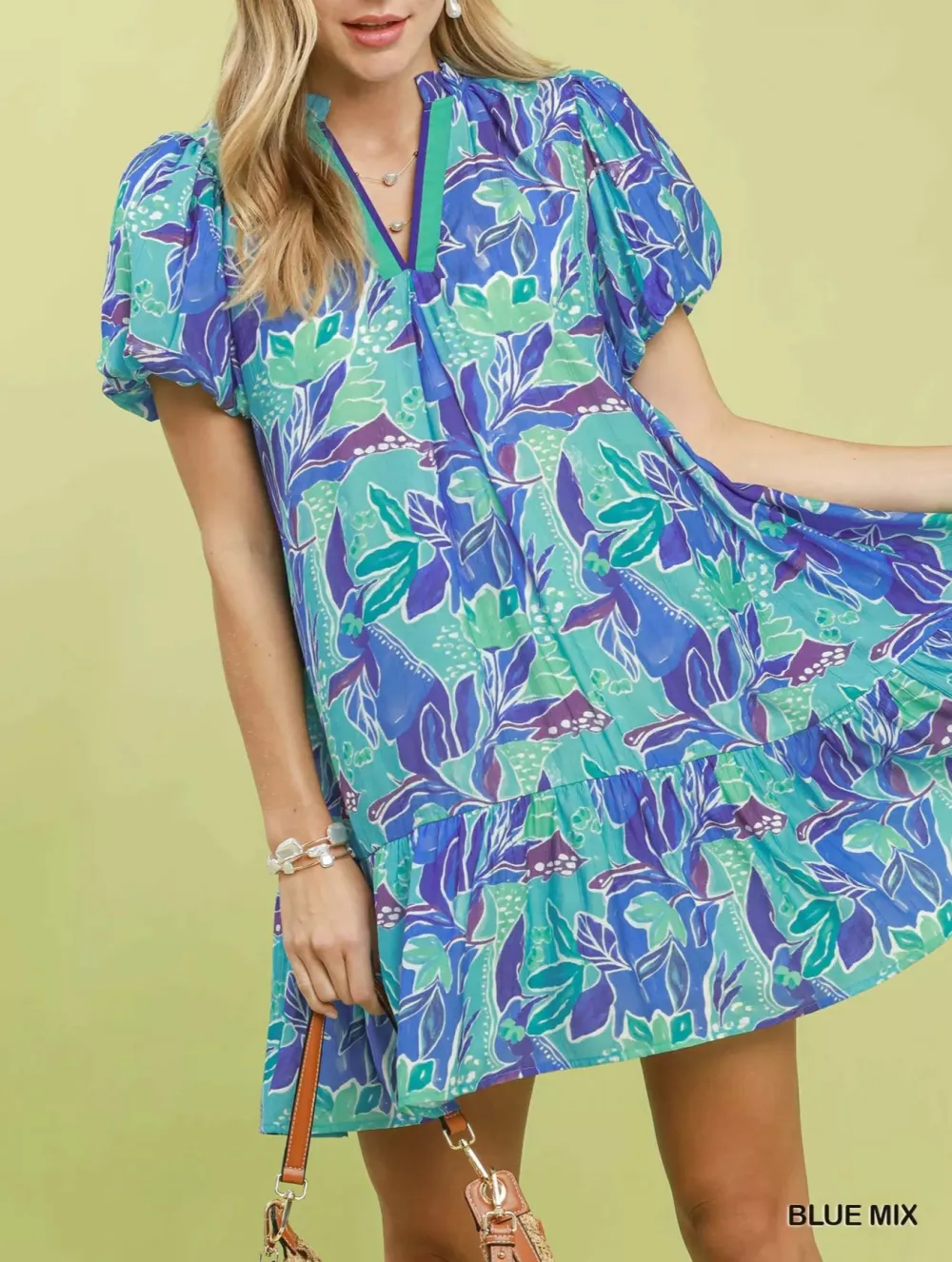 Tropical Print V-Neck Puff Sleeve Tiered Mini Dress