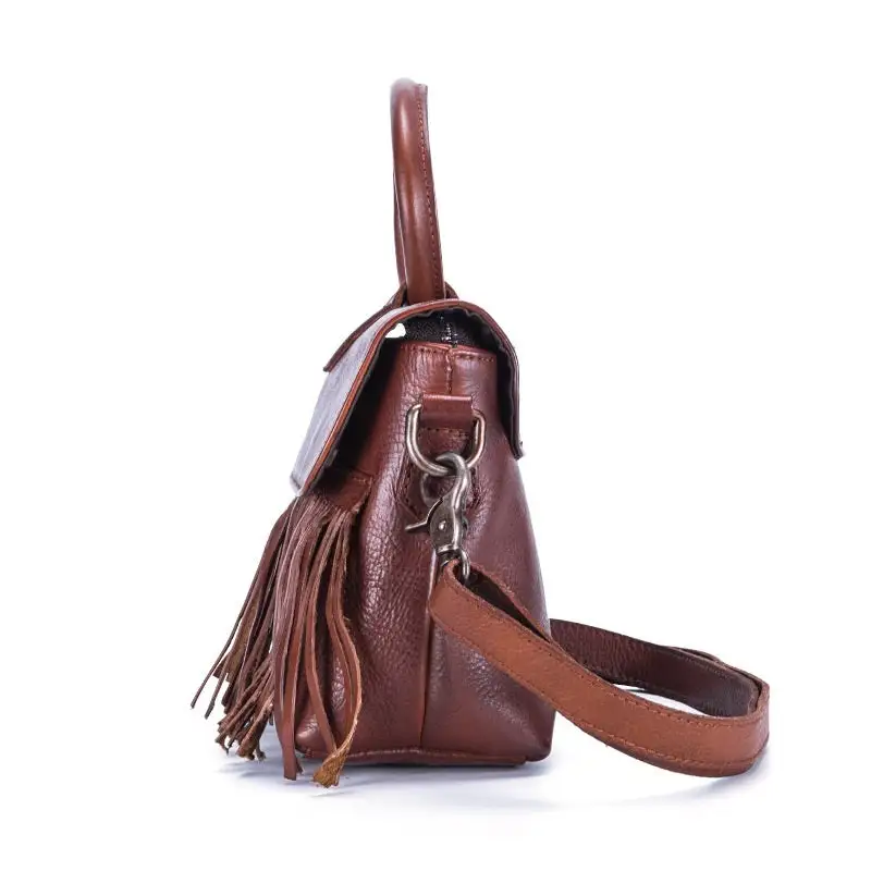 Vintage Leather Messenger Bag Tassel Horizontal Square