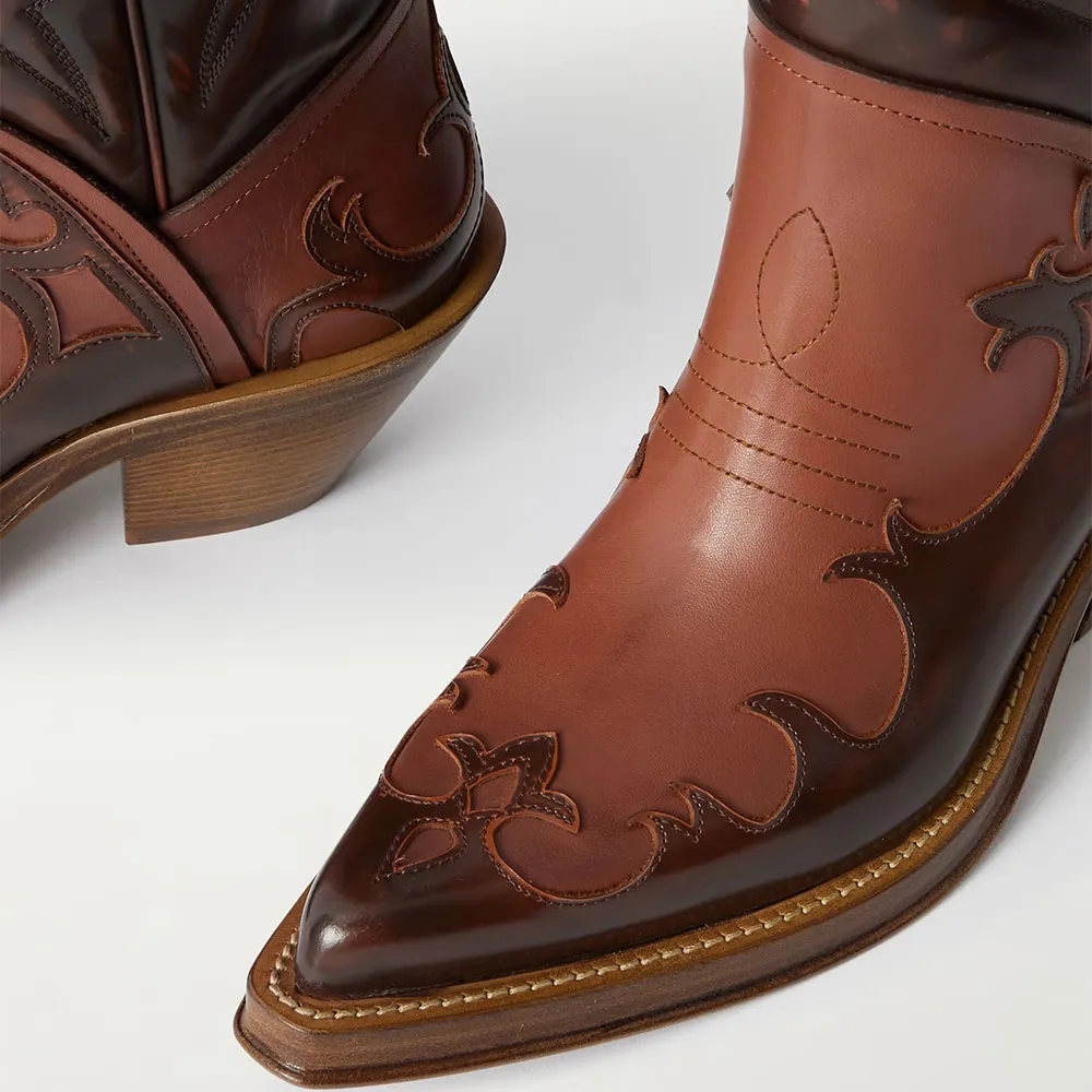 Faux-Leather Embroidered Patchwork Pointed-Toe Western Boots