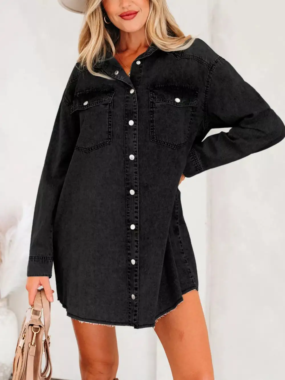 Smooth Finish Denim Pocketed Shirt Dress