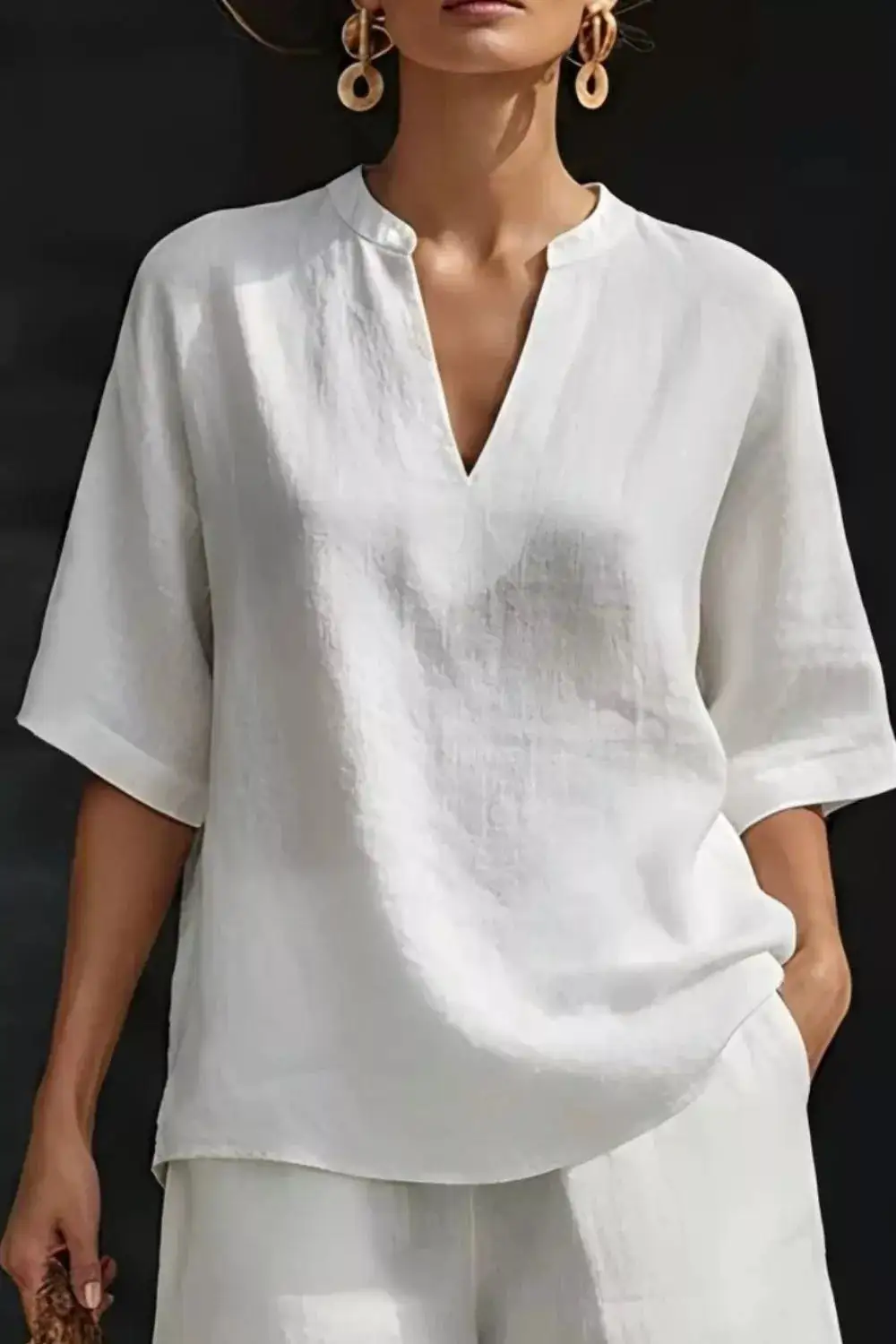 Relaxed Notched Half Sleeve Top and Shorts Set