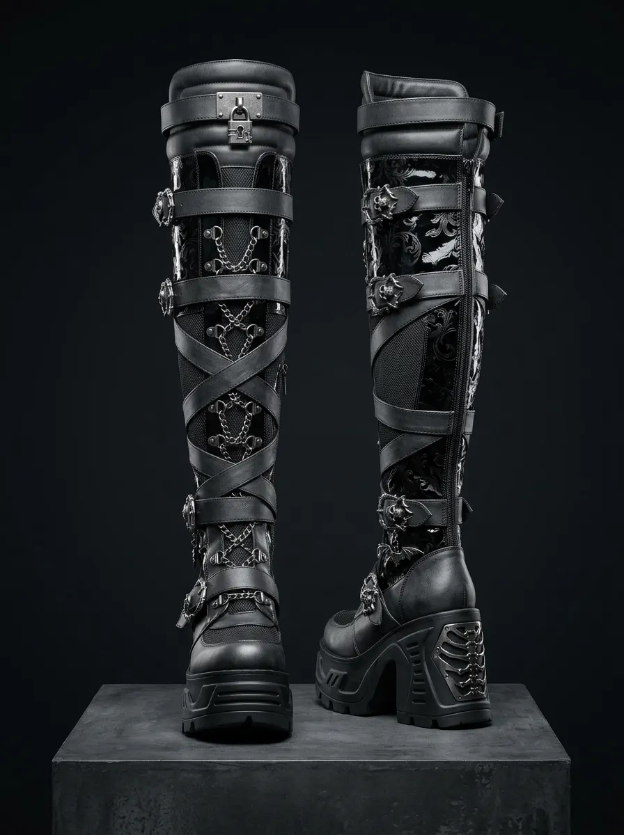 Midnight Skull Chain Punk Design Women's Gothic Platform Knee High Boots