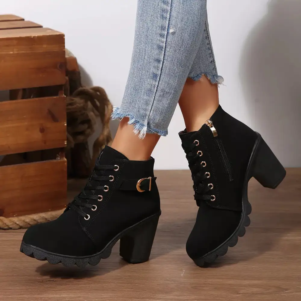 Textured Lace-Up Block Heel Boots