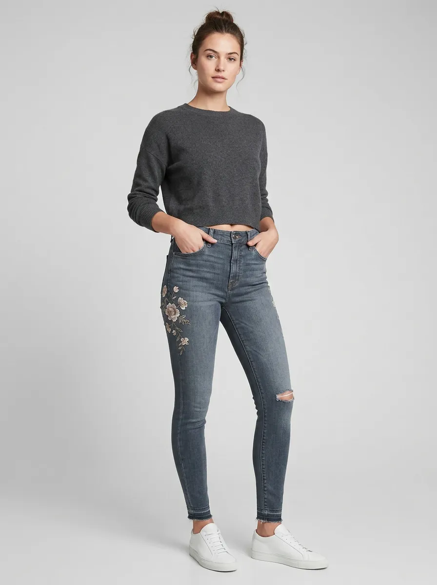 Women's Floral Embroidered Ripped Printed Slim Jeans