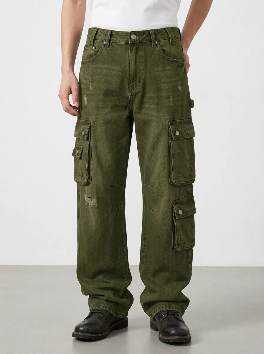 Men's Vintage Distressed Geometric Print Multi-Pocket Cargo Jeans