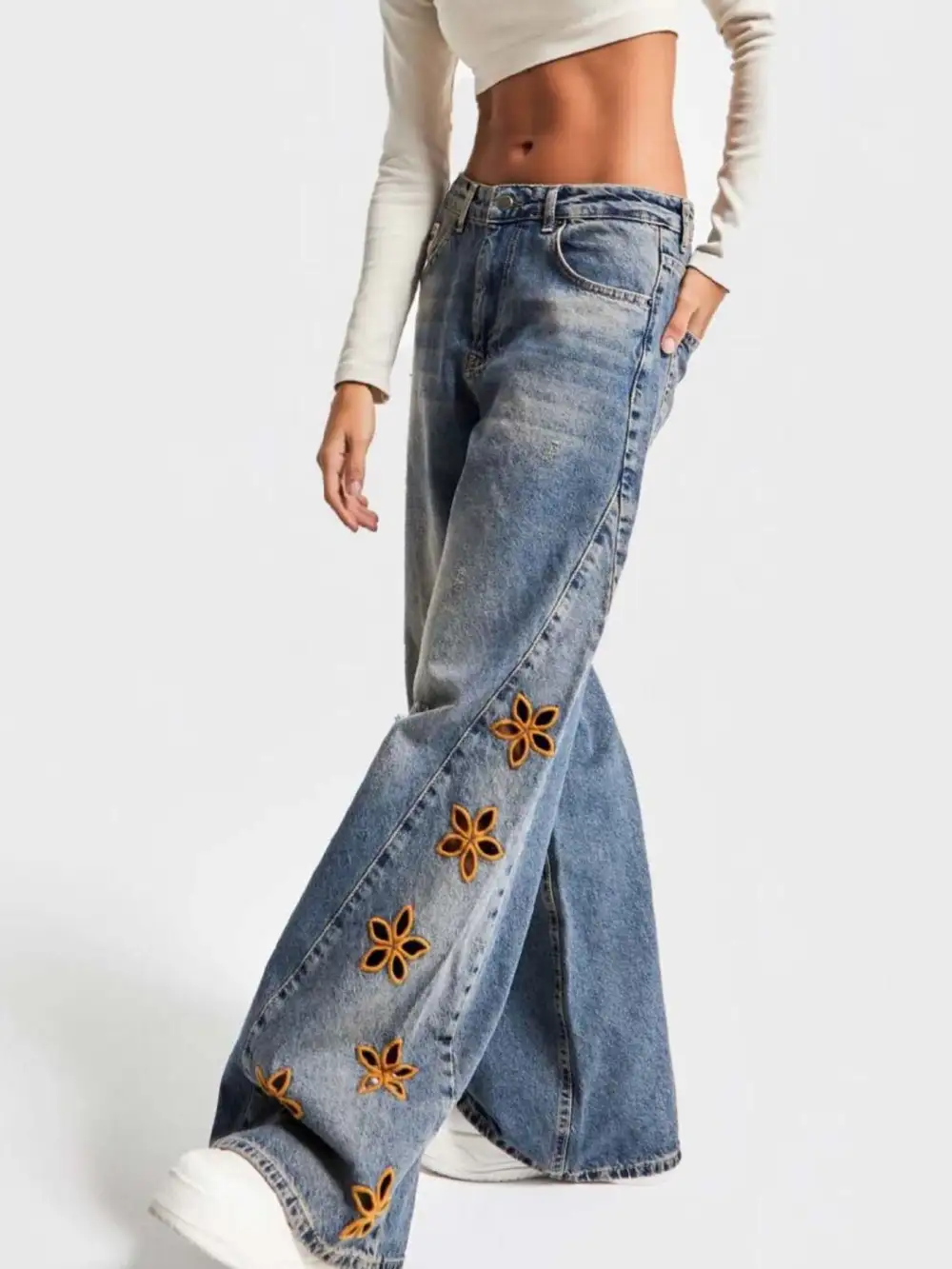 Denim Floral Print Wide Leg Distressed Jeans