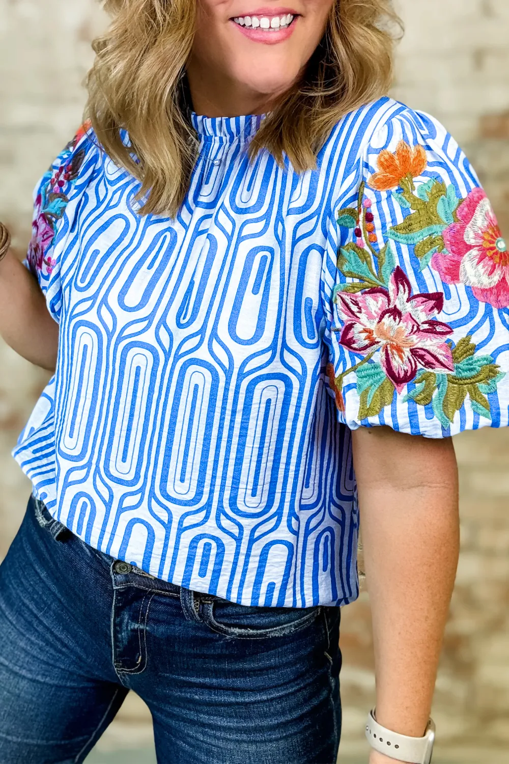 Sky Blue Geometry Print Floral Blouse