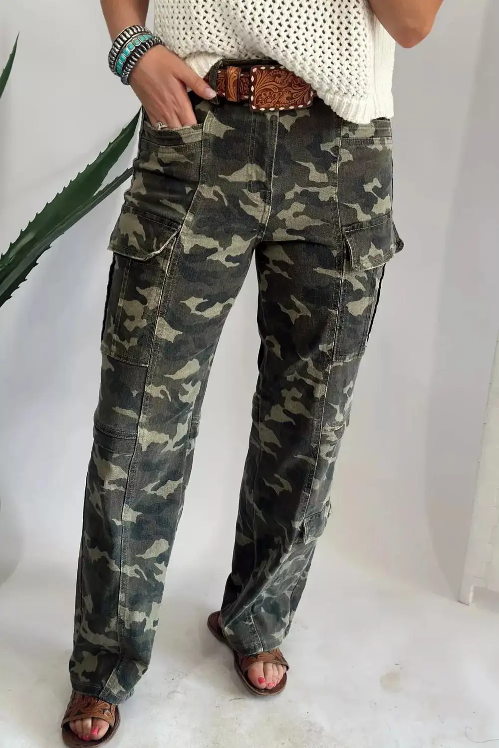 Camouflage Print Multi Pocketed Denim Pants