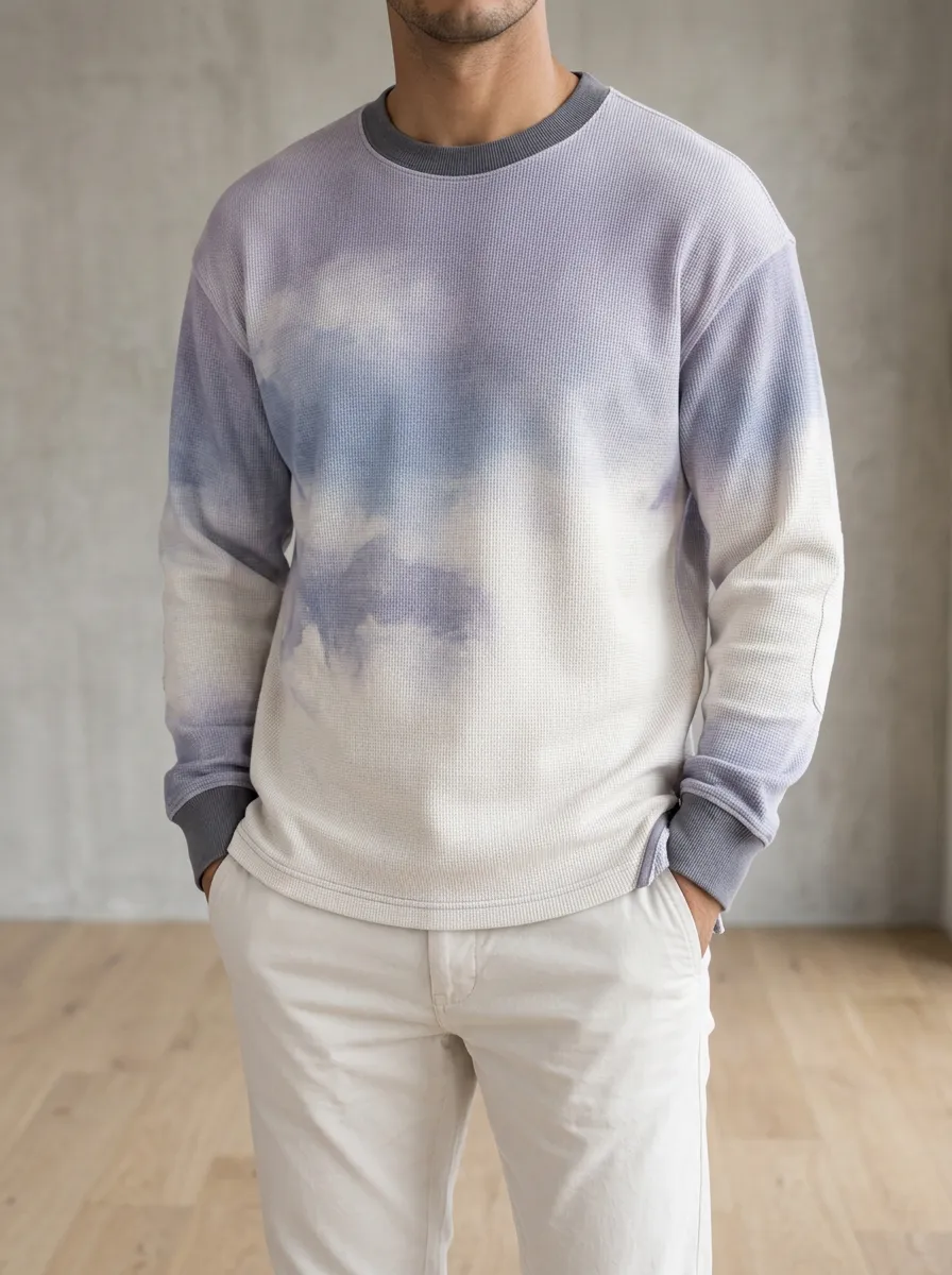 Men's Tie-Dye Cloud Pattern Printed Waffle Knit Crewneck Sweatshirt
