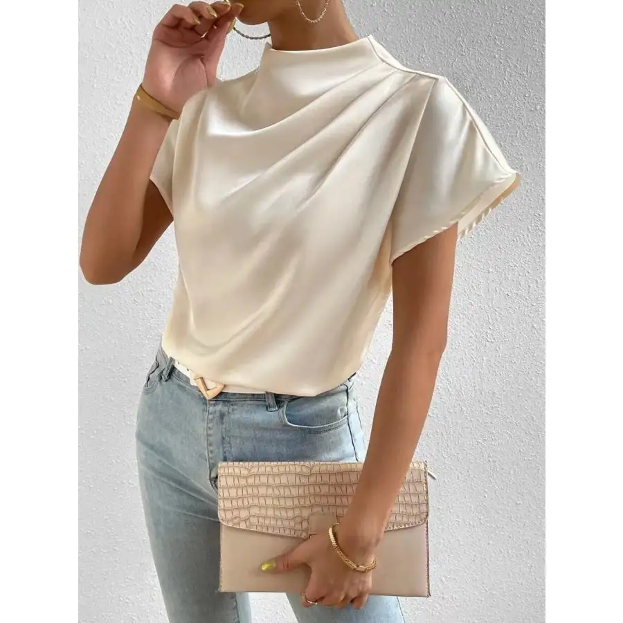 Mock Neck Short Sleeve Satin Blouse