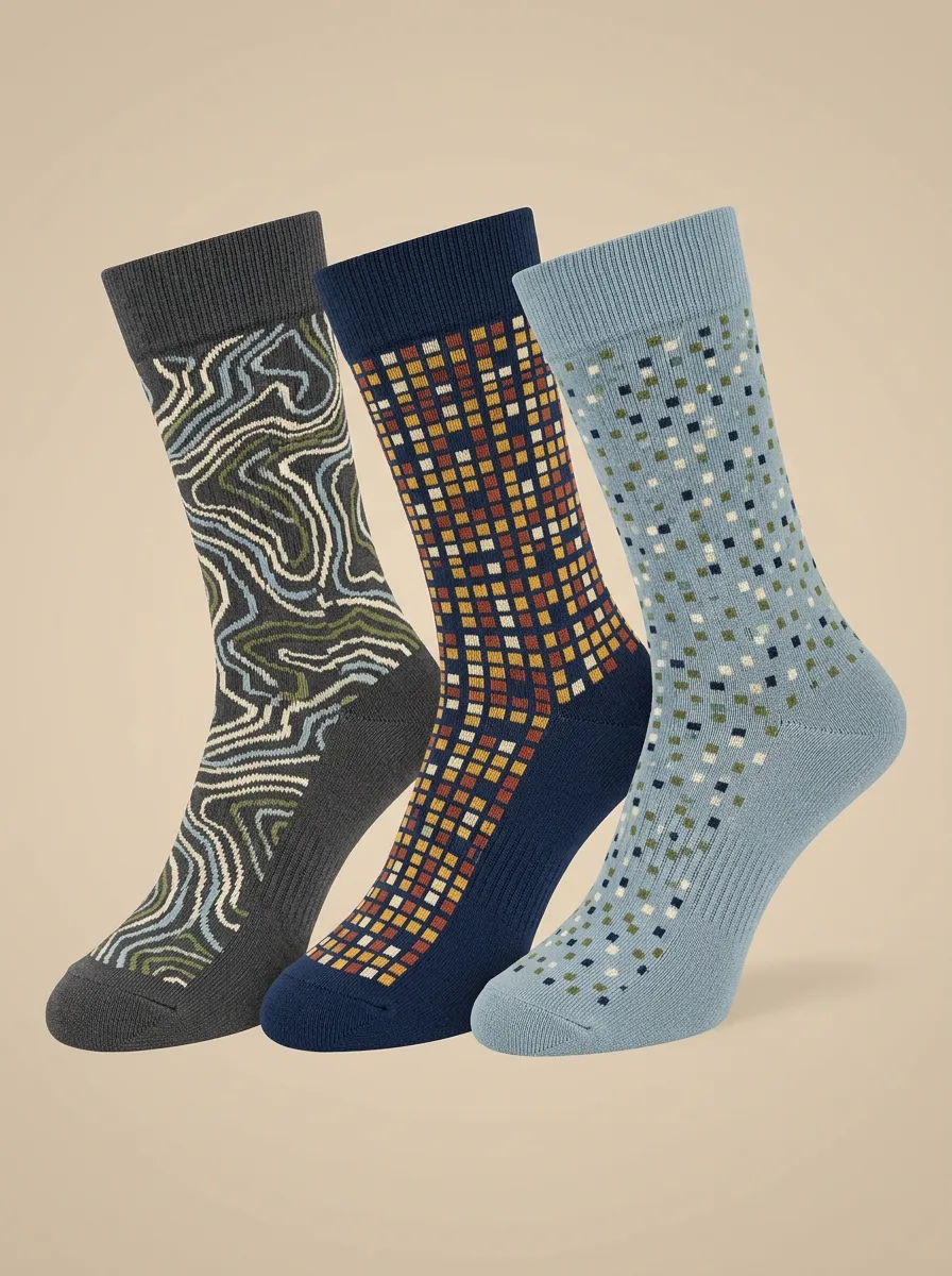 Men's Geometric Abstract Pattern Printed Three Pack Socks Topographic Detail