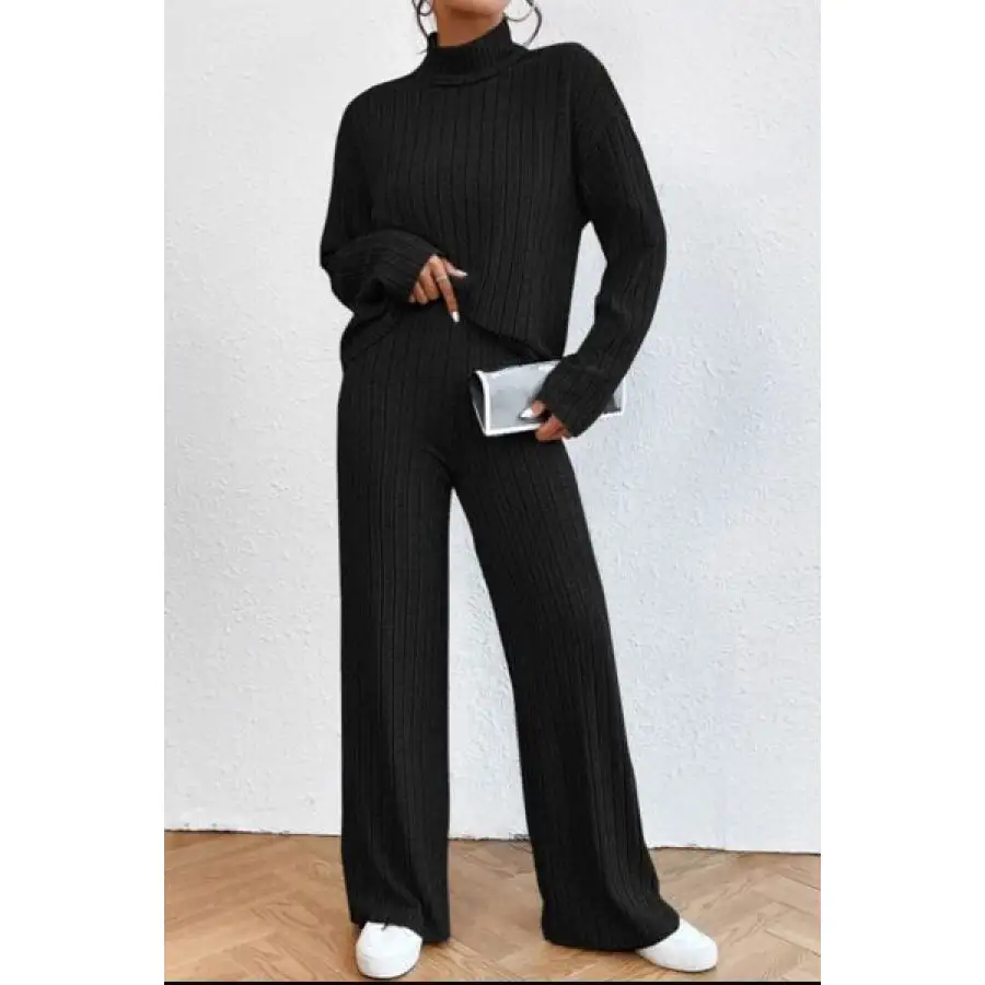 Mock Neck Dropped Shoulder Top and Pants Set