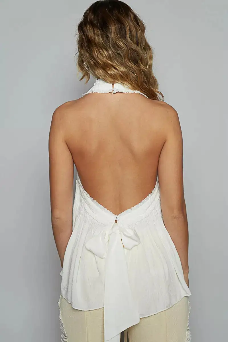 Backless Halter Sleeveless Top With Smocking Shirring Detail