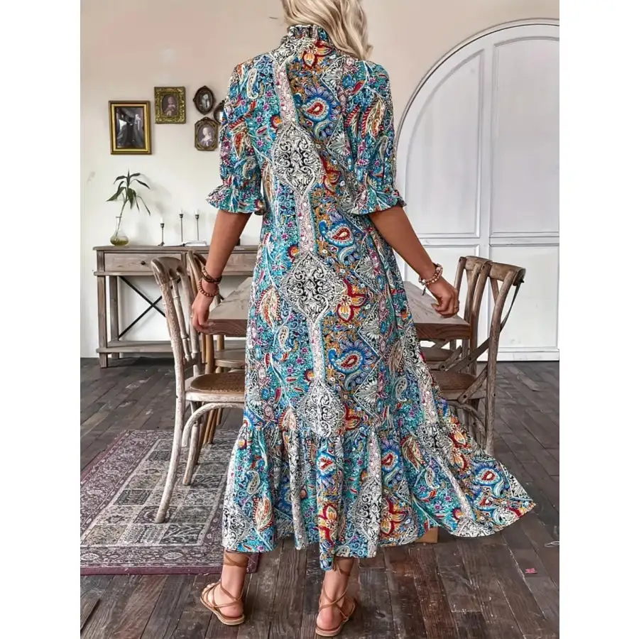 Tie Neck Flounce Sleeve Midi Dress