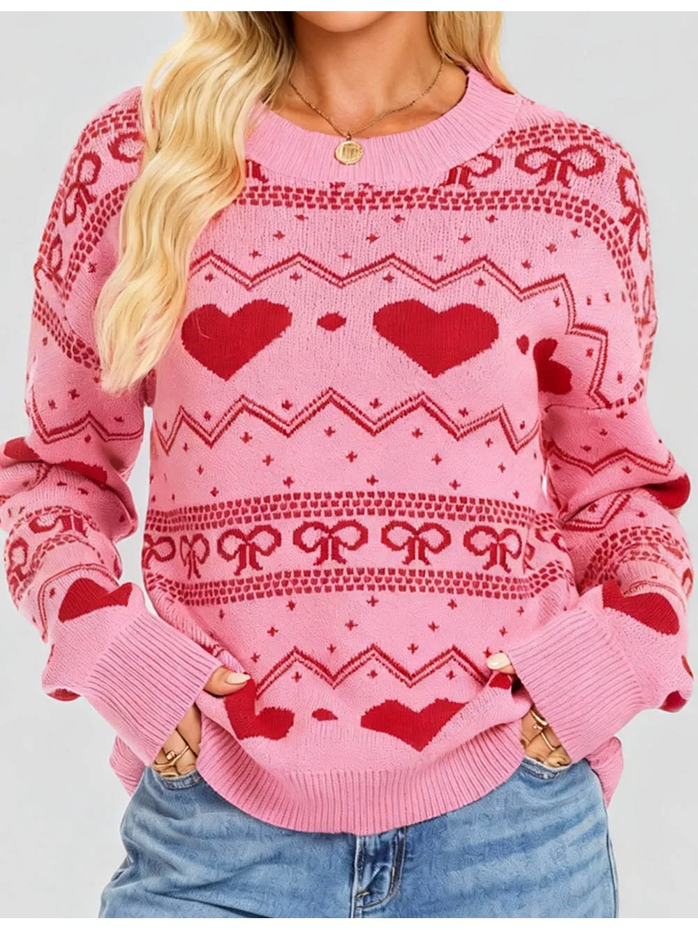 Valentine Heart and Bow Pattern Pullover Sweater