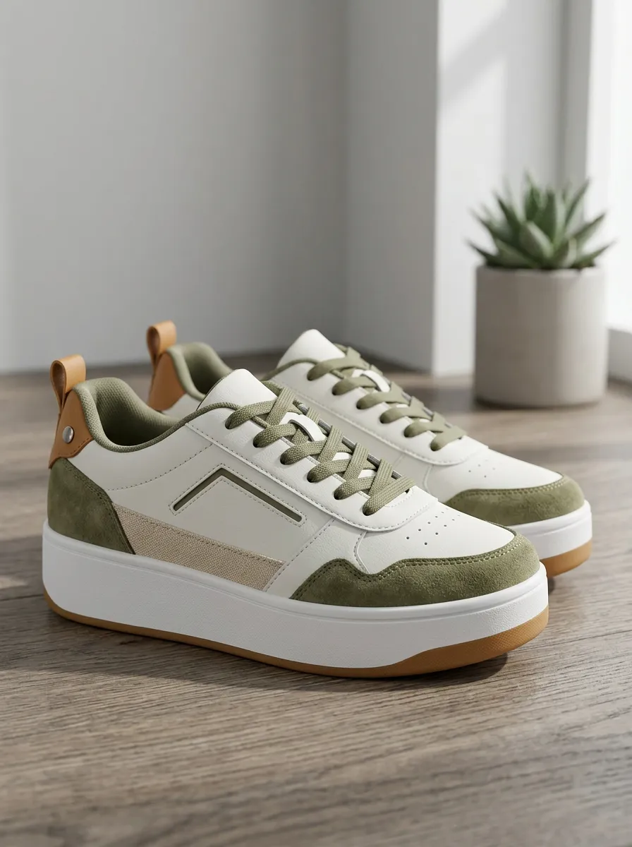 Women's Casual Olive Green Suede Patchwork Printed Sneakers