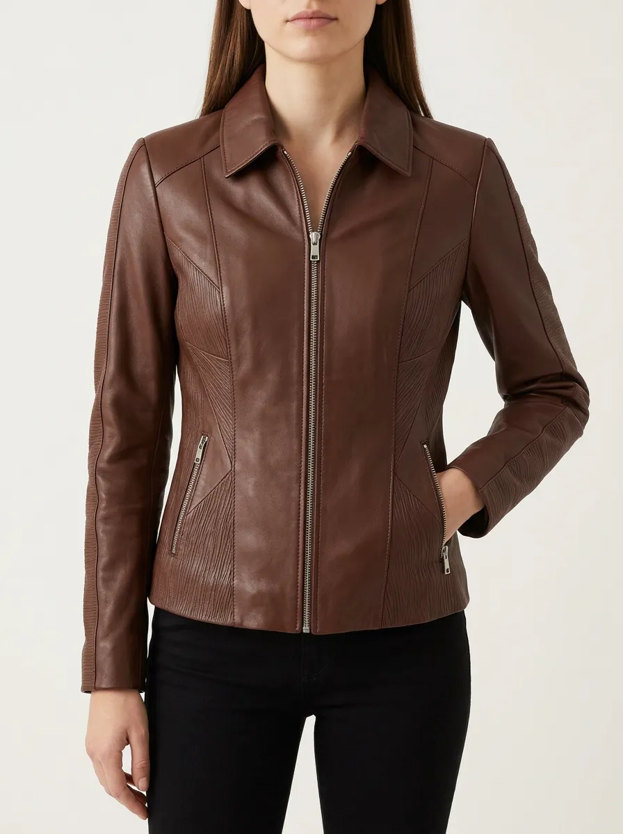 Leather-Look Slim Fit Zip-Up Jacket With Point Collar