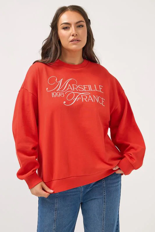 Red Embroidered 'Marseille France' Sweatshirt detail 1
