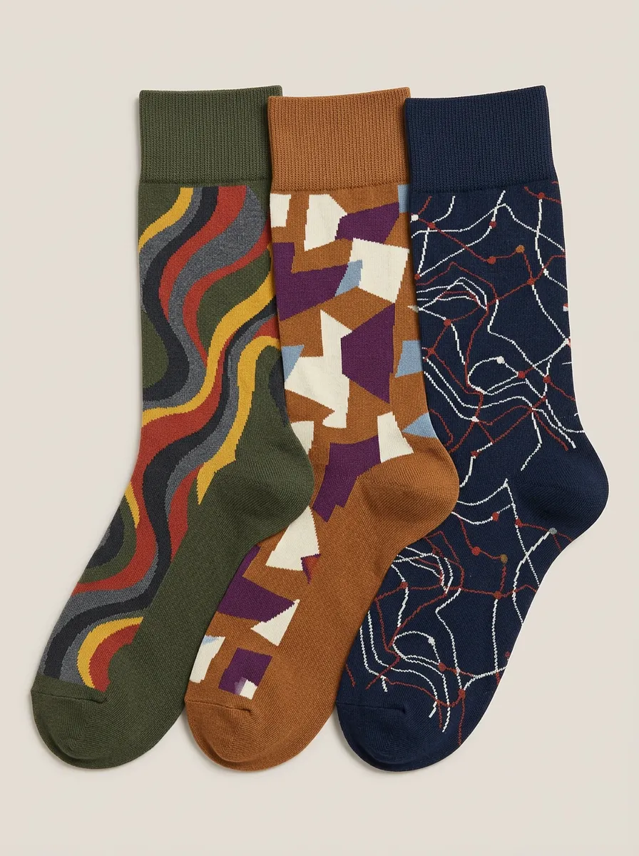 Men's Abstract Geometric Wave Three-Pack Socks