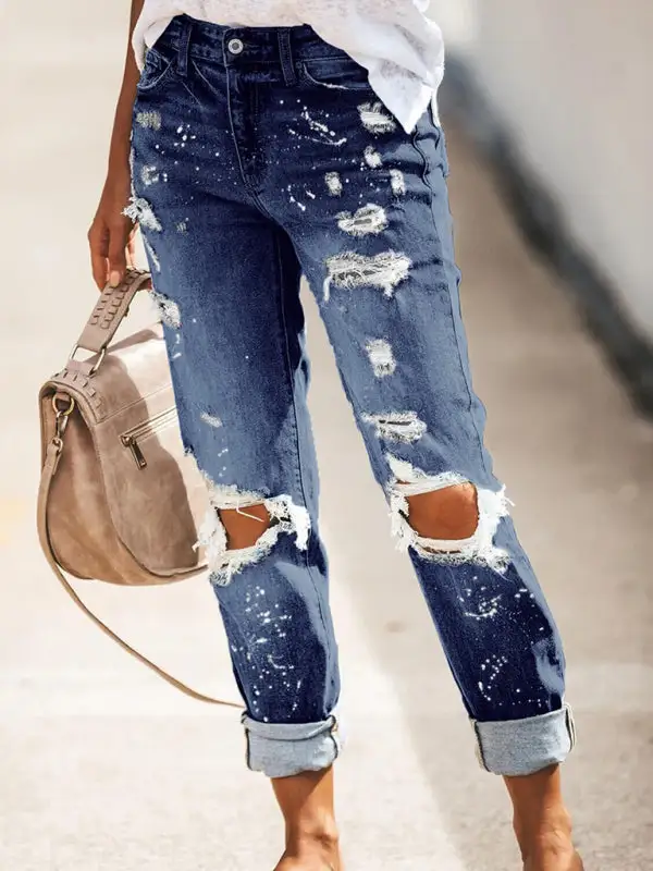 Relaxed Ripped Washed Pocketed Straight Leg Jeans