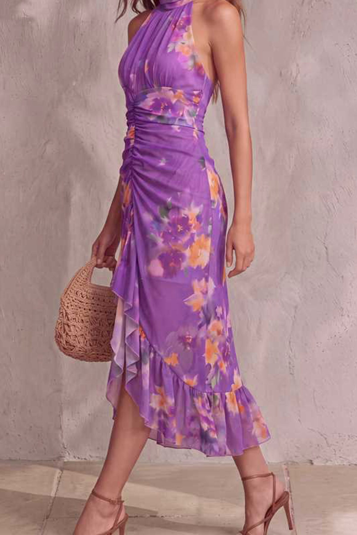 Halter Neck Ruched Midi Dress