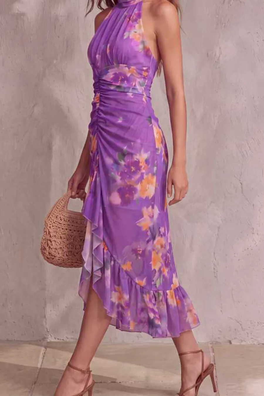 Halter Neck Ruched Midi Dress