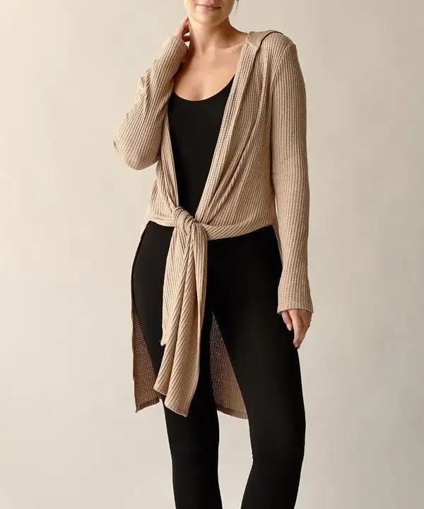 Bamboo Waffle Slim Cardigan With A Hoodie