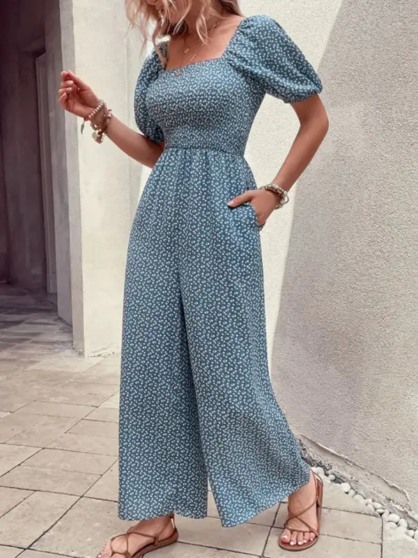 Printed Square Neck Puff Sleeve Everyday Jumpsuit