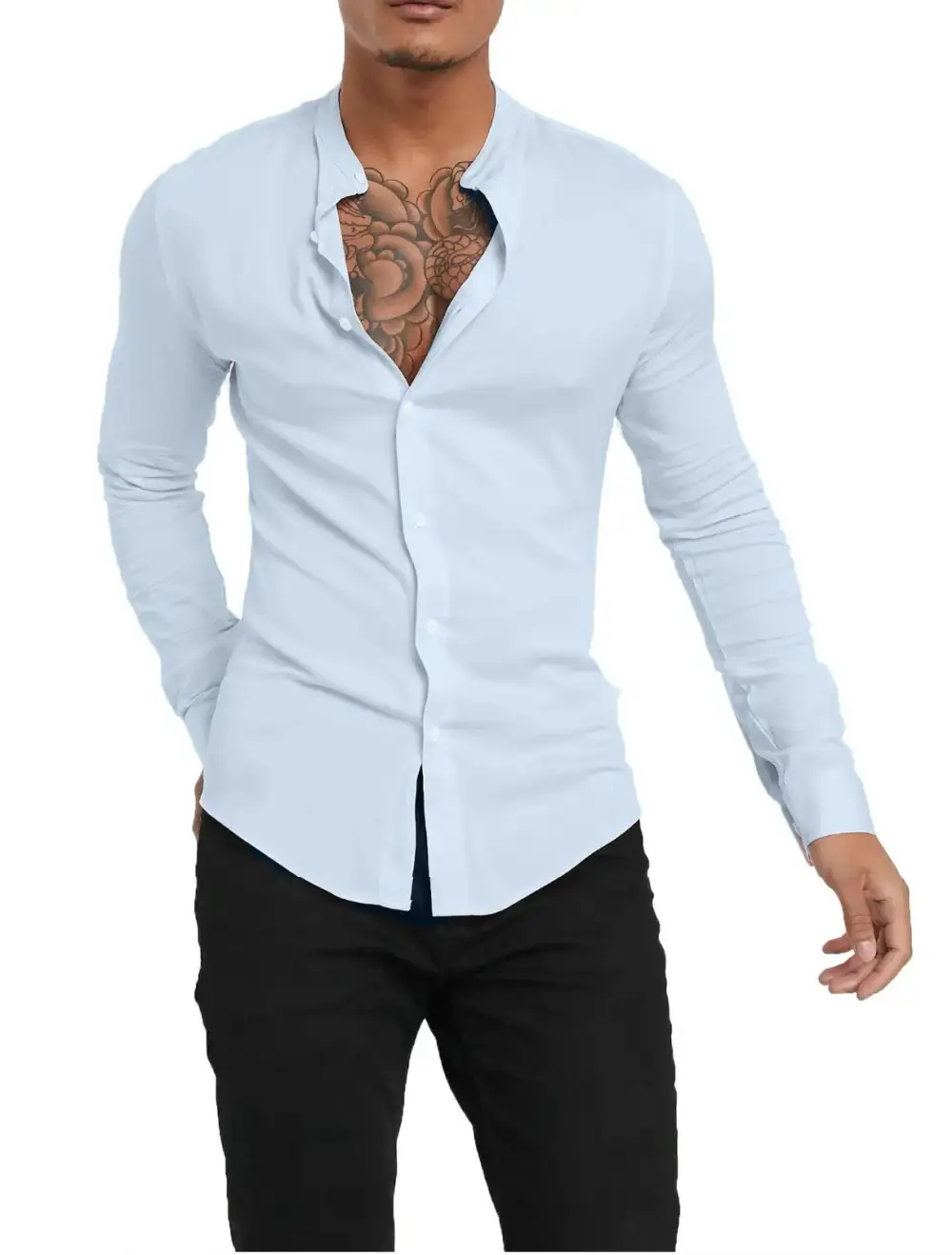 Refined Mandarin Collar Grandad Collar Long Sleeve Casual Shirt