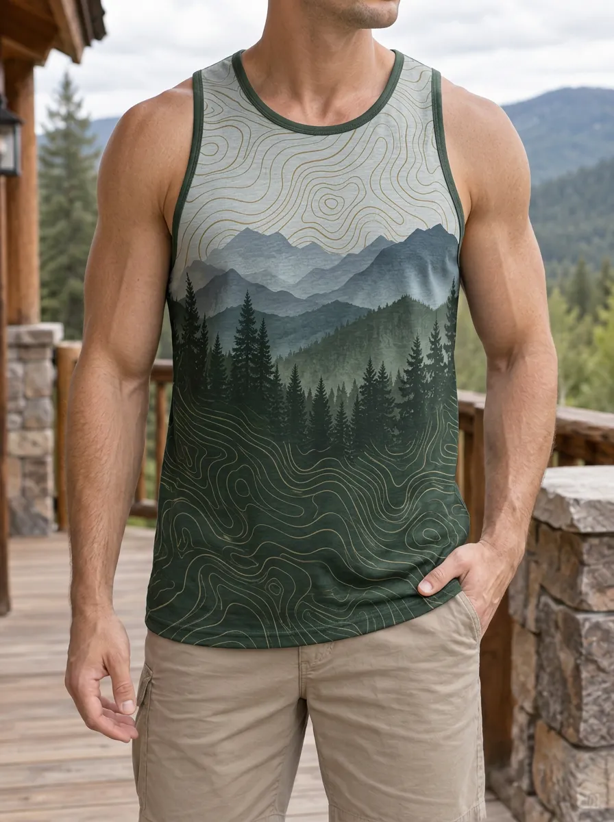 Men's Outdoor Adventure Mountain Forest Topographic Tank Top
