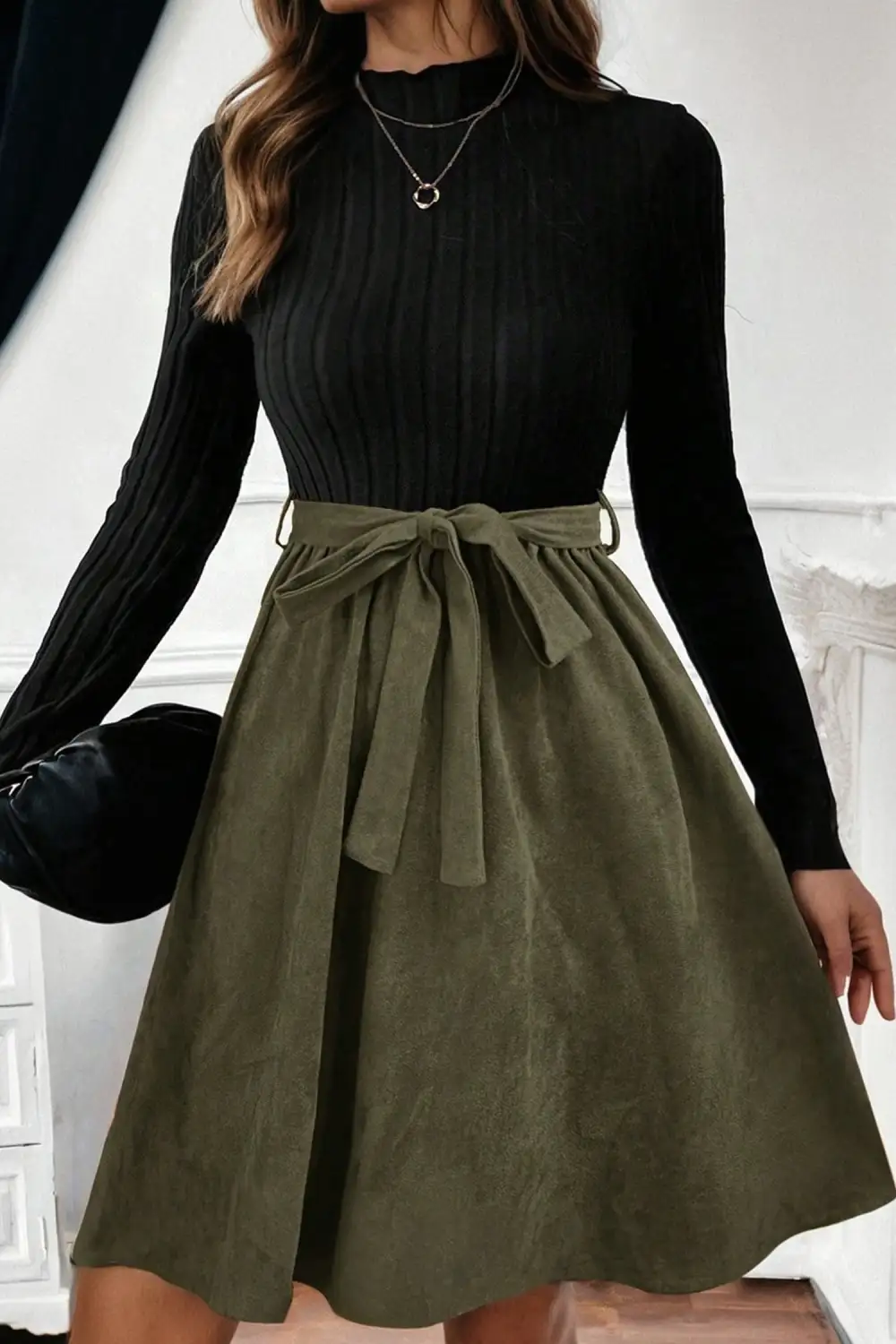 Ribbed Knit Slim Bodice Contrast Flared Skirt Patchwork Belted Dress