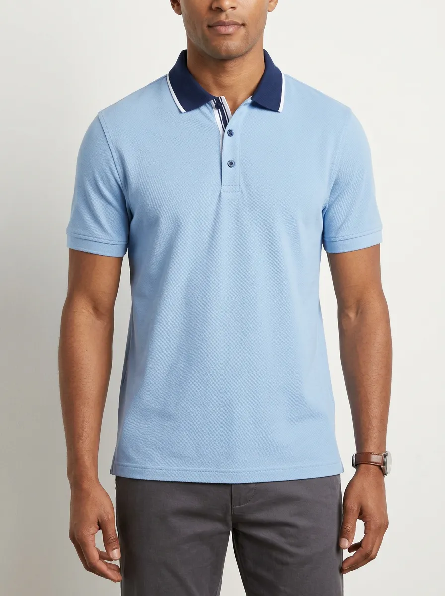 Men's Casual Light Blue Contrast Collar Printed Polo Shirt