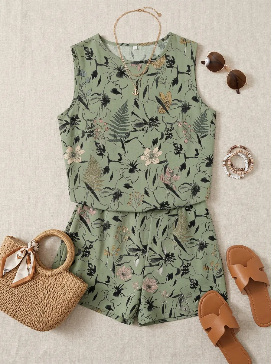 Women's Botanical Floral Sage Green Printed Sleeveless Set