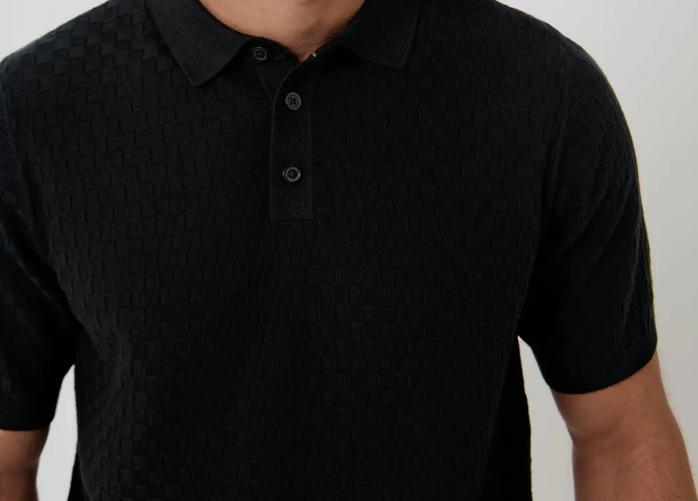 Men's Black Basket Stitch Knitted Polo