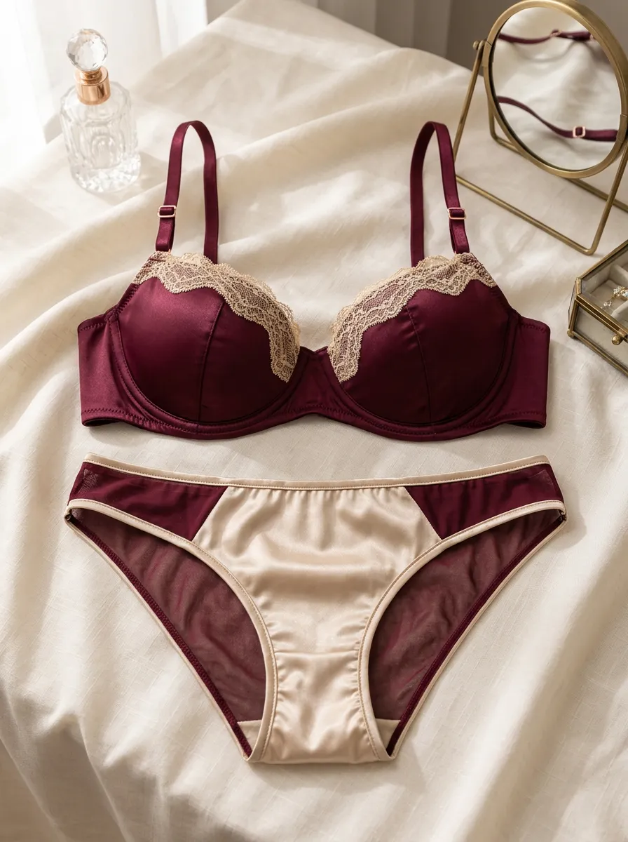 Women's Lace Trim Satin And Lingerie Set