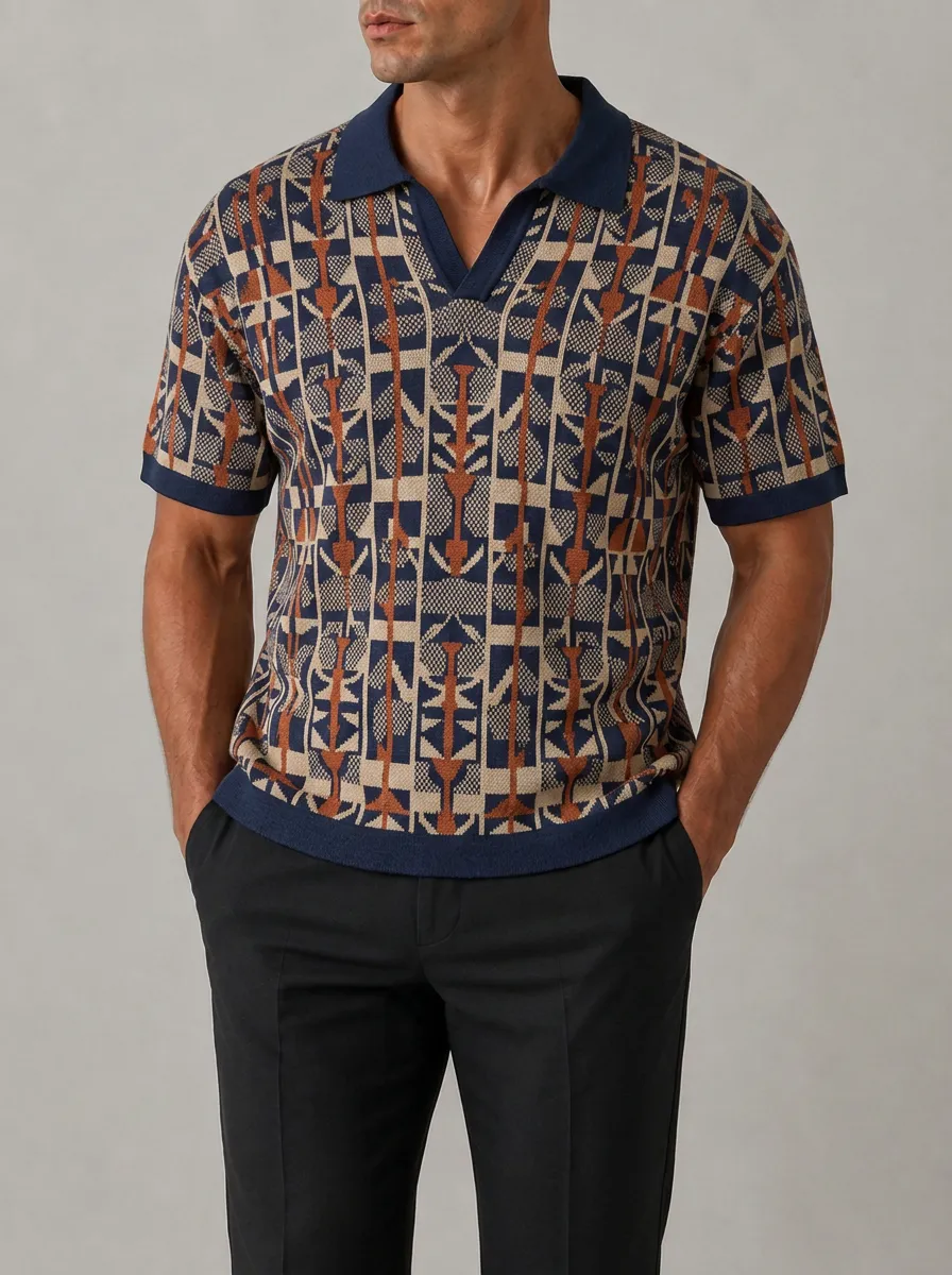 Men's Geometric Pattern Knit Polo Shirt with Structured Knit