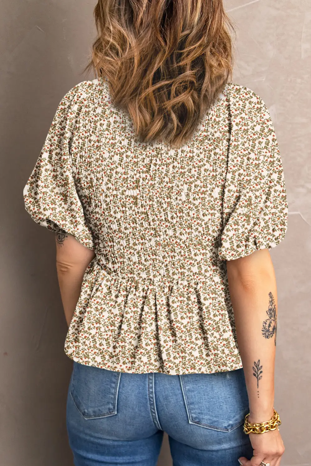 Smocked V-Neck Puff-Sleeve Peplum Fashion Top
