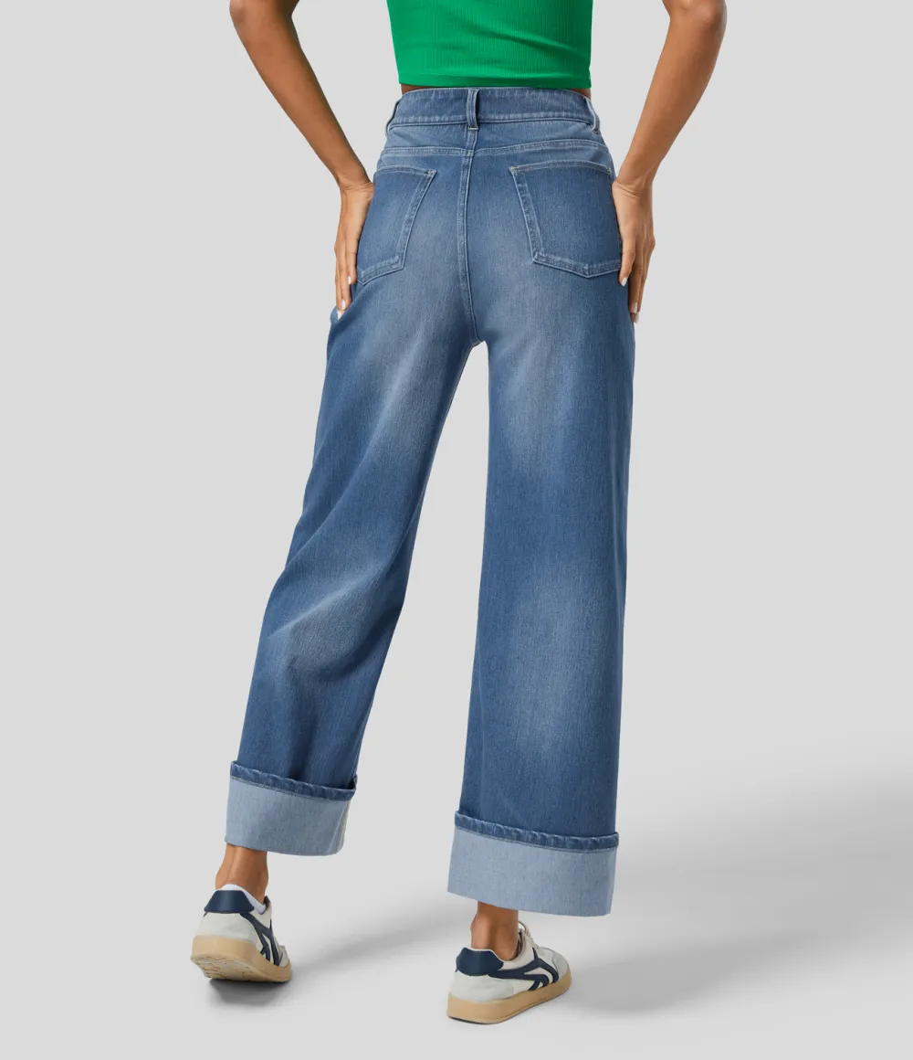 Magic High Waisted Multiple Pockets Rolled Hem Wide Leg Washed Stretchy Knit Casual Jeans