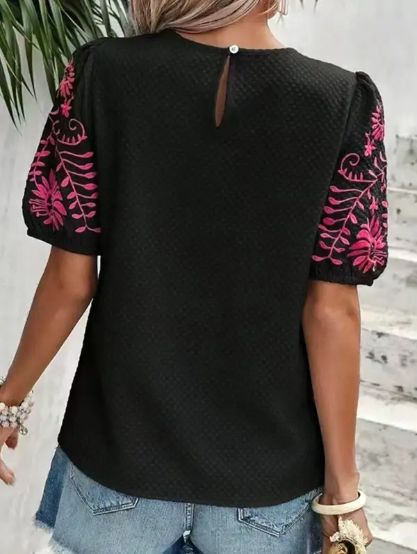 Embroidered Puff Sleeve Pullover Top Round Neck Relaxed Fit